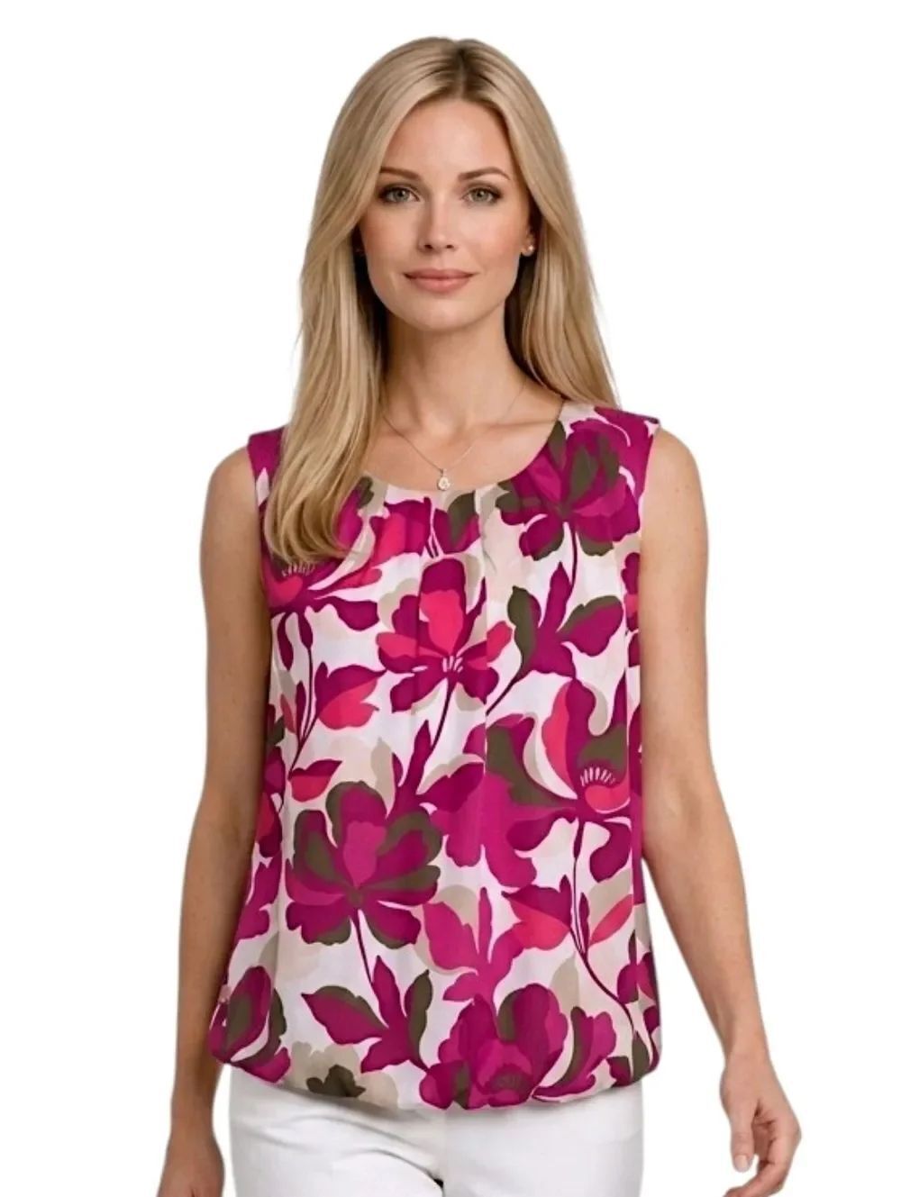 Liz Claiborne Fuchsia Floral Print Sleeveless Bubble Hem Blouse Size L
